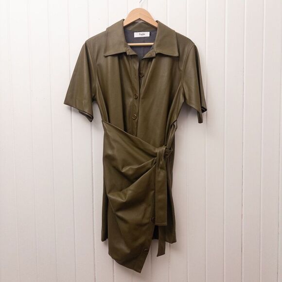 The Frankie Shop Zoeyy Faux Leather Wrap Dress Khaki Green Size Small - Picture 2 of 9